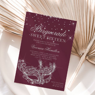 Masquerade mask silver glitter sparkles Sweet 16 Invitation