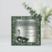 Masquerade Mask Silver & Green Birthday Party Invitation (Standing Front)