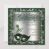 Masquerade Mask Silver & Green Birthday Party Invitation (Back)
