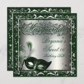 Masquerade Mask Silver & Green Birthday Party Invitation (Front/Back)