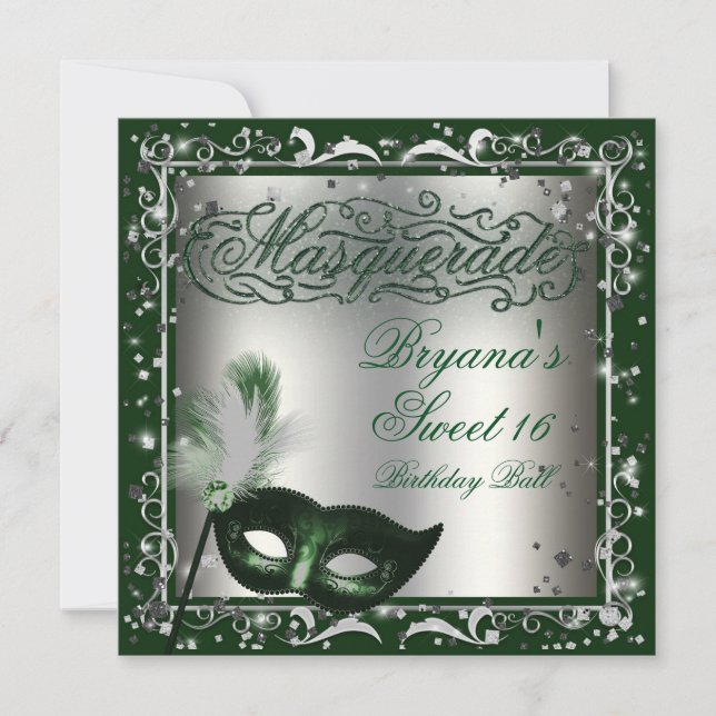 Masquerade Mask Silver & Green Birthday Party Invitation (Front)
