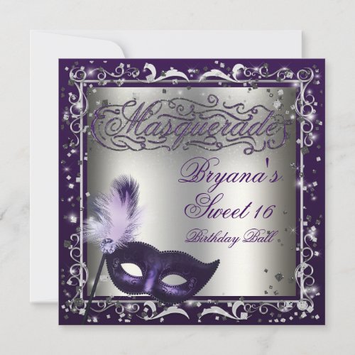Masquerade Mask Silver  Purple Birthday Party Invitation