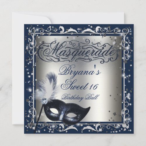 Masquerade Mask Silver  Royal Blue Birthday Party Invitation