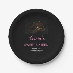 Masquerade Mask Sweet 16 15 Birthday Black, Pink   Paper Plates