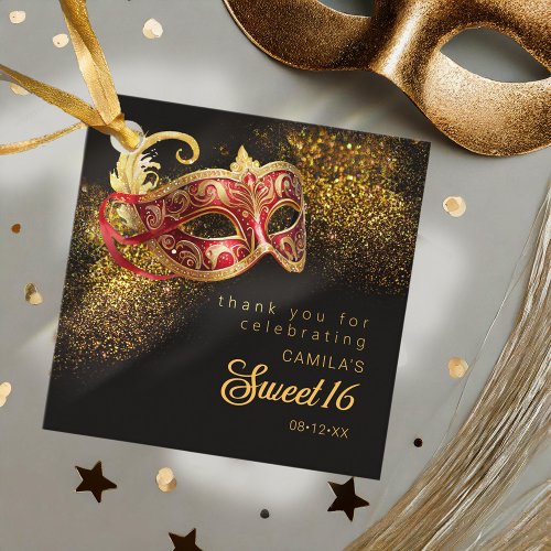 Masquerade Mask Sweet 16 Red Gold ID1032 Favor Tags