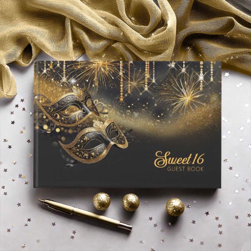 Masquerade Mask Sweet Sixteen Black Gold ID1032 Guest Book