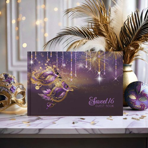 Masquerade Mask Sweet Sixteen Purple Gold ID1032 Guest Book