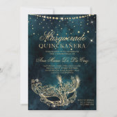 Masquerade mask teal gold glitter quinceanera invitation (Front)