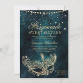 Masquerade mask teal gold glitter Sweet 16 Invitation (Front)