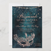 Masquerade mask teal rose gold glitter quinceanera invitation (Front)