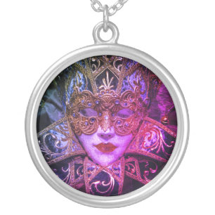 Masquerade mask Victorian elegant gothic black Silver Plated Necklace