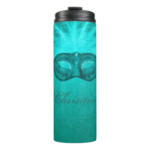 masquerade mask vintage teal feather art deco thermal tumbler