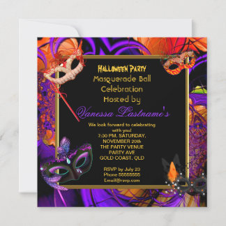 Masquerade Masked Halloween Purple Orange Party Invitation