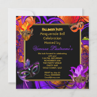 Masquerade Masked Purple Orange Halloween Party Invitation