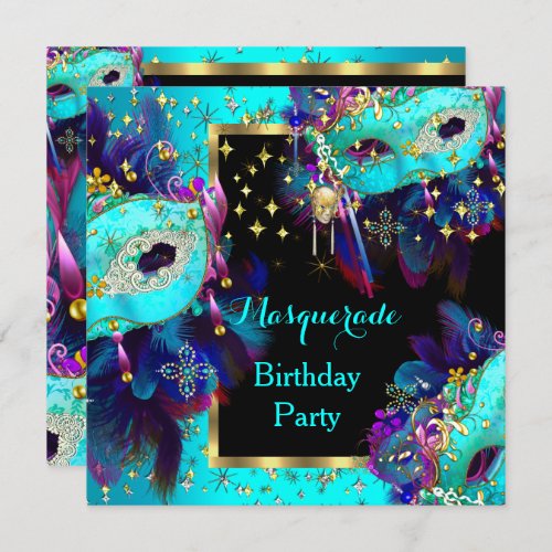 Masquerade Masked Teal Blue Pink Birthday Party Invitation