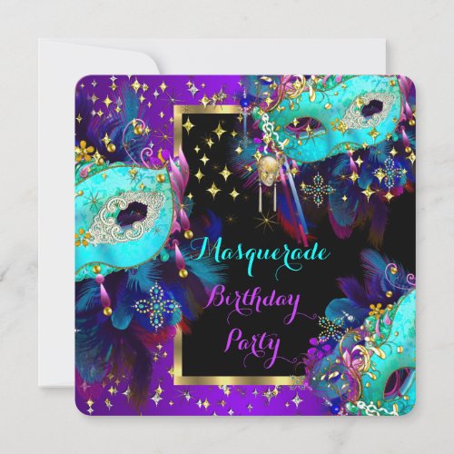 Masquerade Masked Teal Blue Purple Birthday Party Invitation