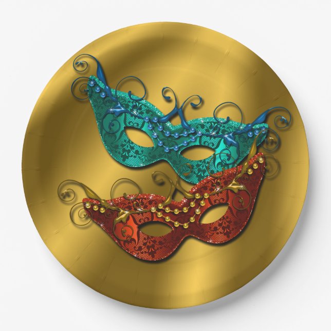 Masquerade Masks, Gold Satin Look Paper Plates 9" (Front)