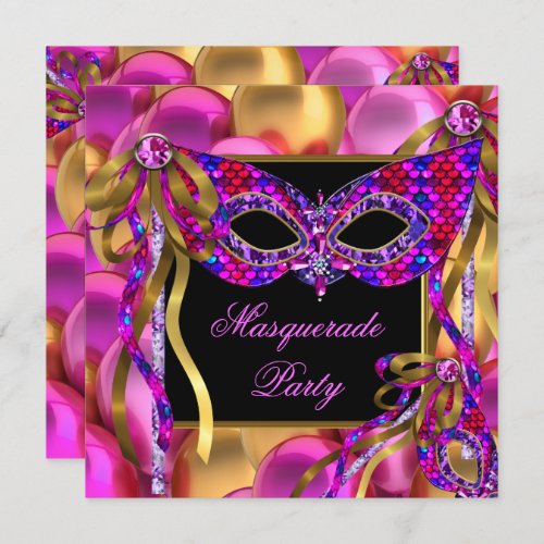 Masquerade Masks Pink Purple Blue Birthday Invitation