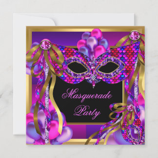 Masquerade Masks Pink Purple Teal Blue Birthday Invitation