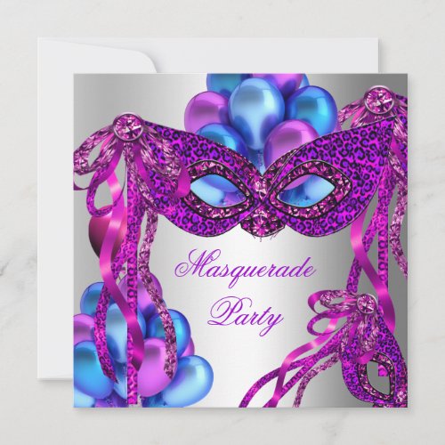 Masquerade Masks Purple Pink Blue Birthday Party Invitation