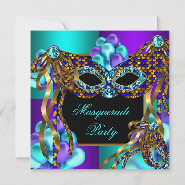Masquerade Masks Purple Teal Blue Birthday Party Invitation (Front)