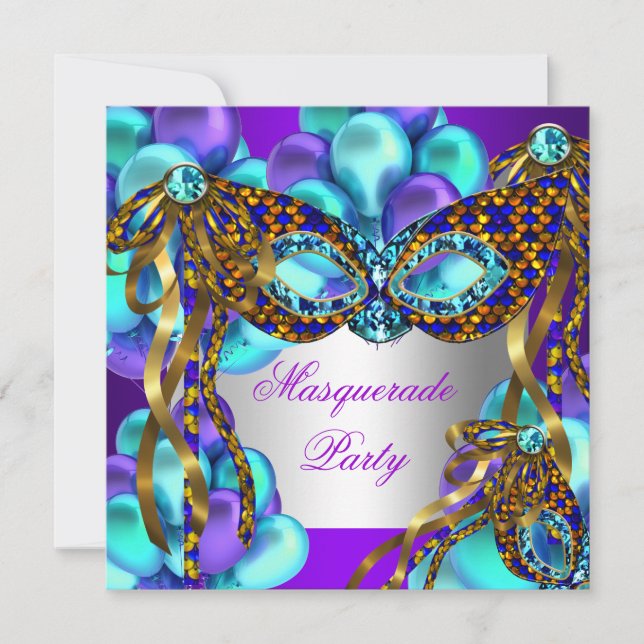 Masquerade Masks Purple Teal Blue Birthday Party Invitation (Front)
