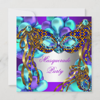 Masquerade Masks Purple Teal Blue Birthday Party Invitation