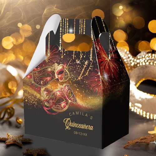 Masquerade Masks Quinceanera Red Gold ID1031 Favor Boxes