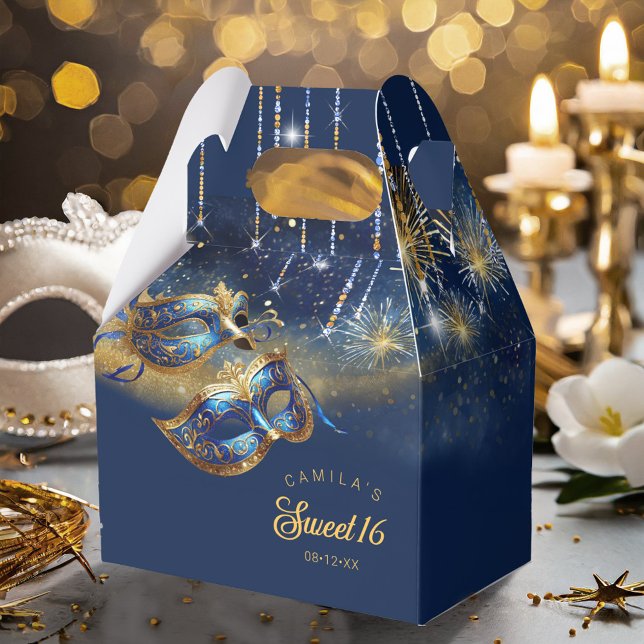 Masquerade Masks Sweet Sixteen Blue Gold ID1032 Favor Boxes (Creator Uploaded)