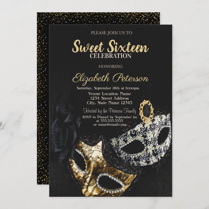 Masquerade Masque Black Confetti Sweet 16 Invitation Zazzle