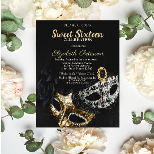 Masquerade,Masque,Black,Confetti Sweet 16 Invitation