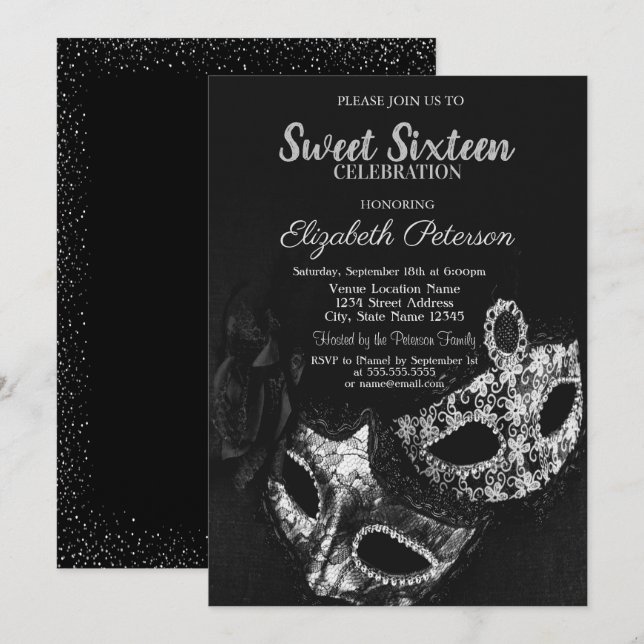 Masquerade,Masque,Black,Gray Confetti Sweet 16 Invitation (Front/Back)