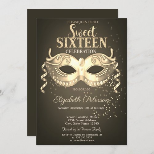 MasqueradeMasqueConfetti Sweet 16 Gold Invitation