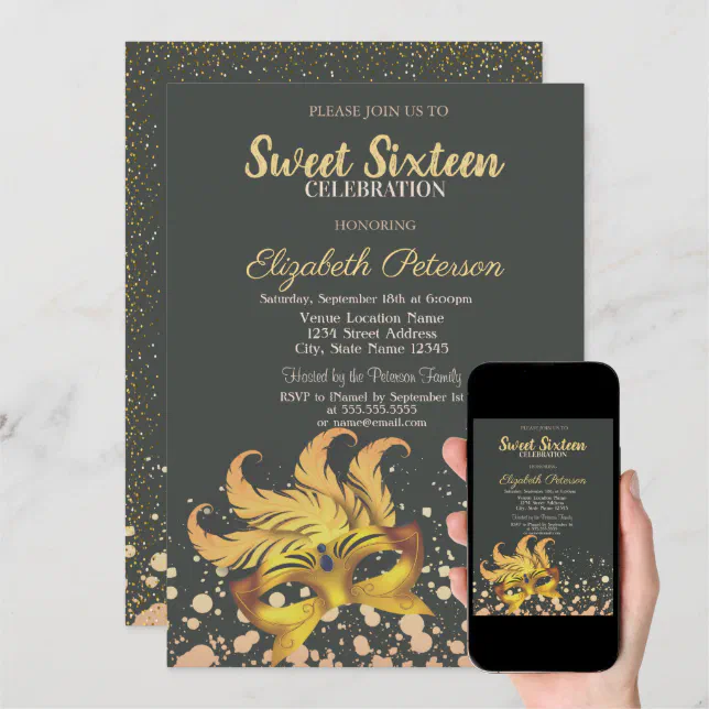 Masquerade Masque Dots Confetti Sweet 16 Invitation Zazzle