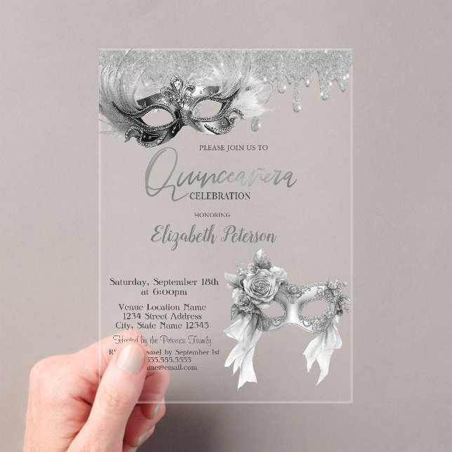 Masquerade Masque Glitter Drips Silver Quinceanera Acrylic Invitations (Insitu (Handheld))