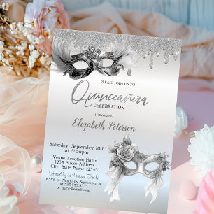 Masquerade Masque Glitter Drips Silver Quinceanera Invitation