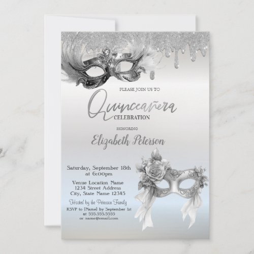 Masquerade Masque Glitter Drips Silver Quinceanera