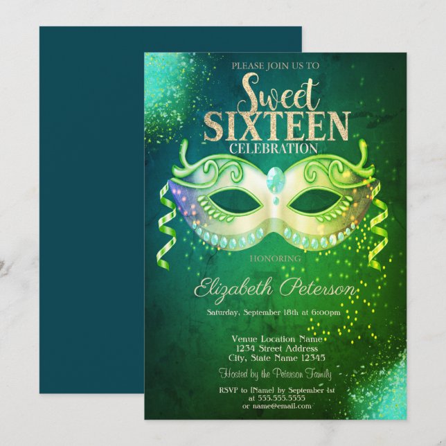 Masquerade,Masque,Green Sweet 16 Gold Invitation (Front/Back)