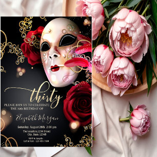 Masquerade, Masque Red Roses 30th Birthday Invitation