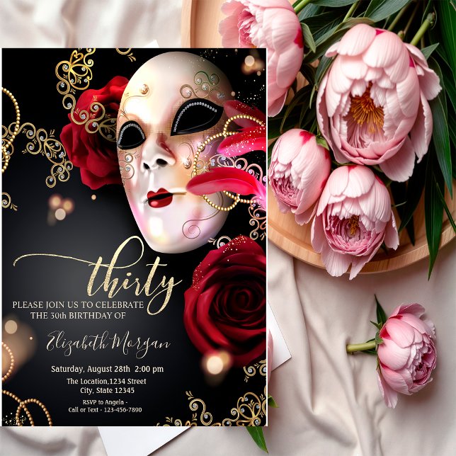 Masquerade, Masque Red Roses 30th Birthday Invitation (Creator Uploaded)