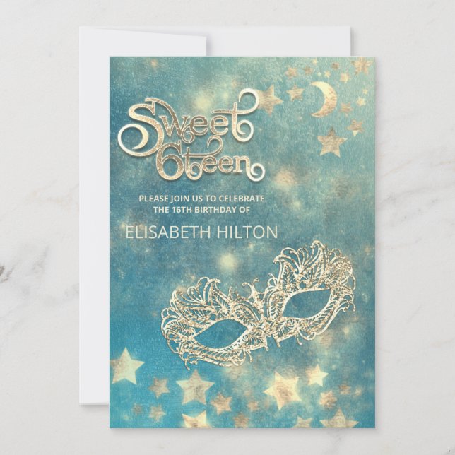 Masquerade moon & stars calligraphy sweet sixteen  invitation (Front)