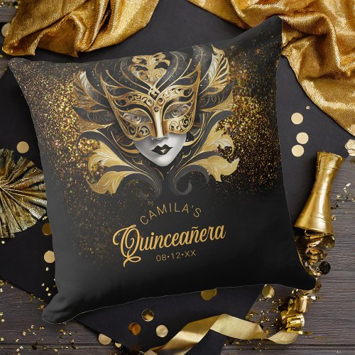 Masquerade Motif Quinceanera Black Gold V2 ID1031 Throw Pillow