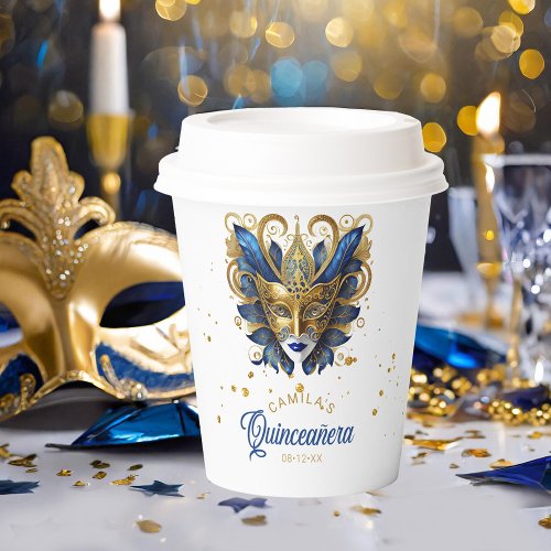 Masquerade Motif Quinceanera Blue Gold ID1031 Paper Cups