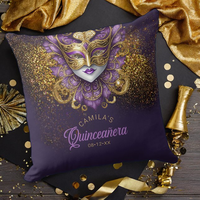 Masquerade Motif Quinceanera Purple Gold V2 ID1031 Throw Pillow (Creator Uploaded)