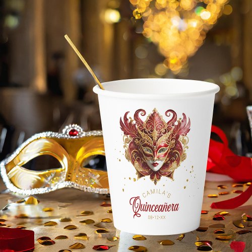 Masquerade Motif Quinceanera Red Gold ID1031 Paper Cups