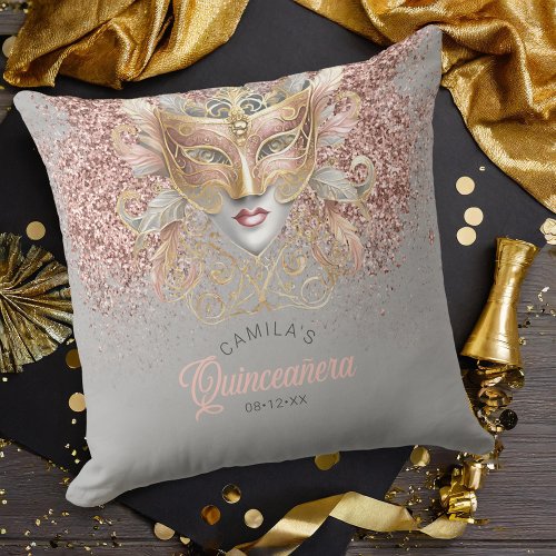 Masquerade Motif Quinceanera Rose Gold V2 ID1031 Throw Pillow