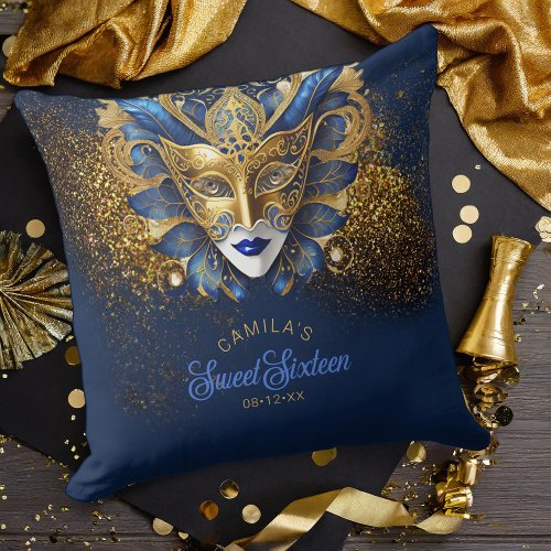 Masquerade Motif Sweet 16 Blue Gold V2 ID1032 Throw Pillow