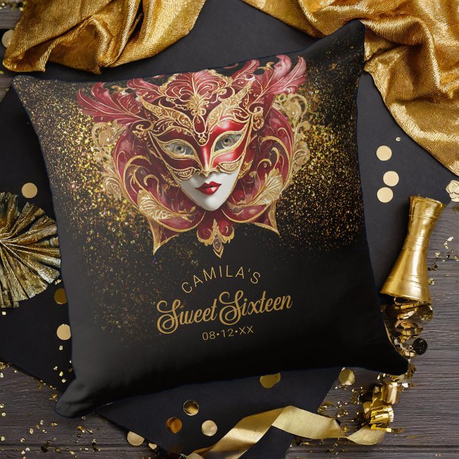 Masquerade Motif Sweet 16 Red Gold V2 ID1032 Throw Pillow (Creator Uploaded)