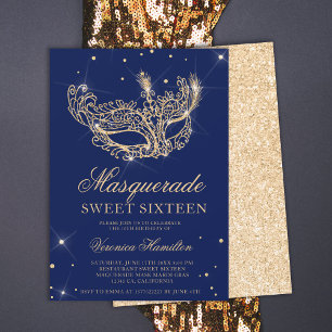 Masquerade navy blue gold glitter mask Sweet 16 Invitation