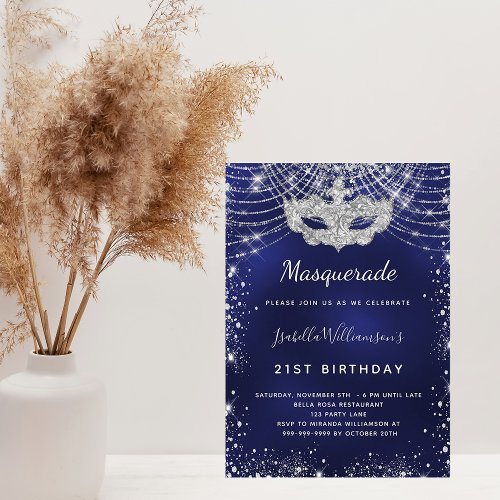 Masquerade navy blue silver birthday party invitation
